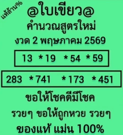 หวยใบเขียว สูตรใหม่ งวด 2 พฤษภาคม 2569 เลขเด็ด 2 ตัว 3 ตัวเน้นๆ